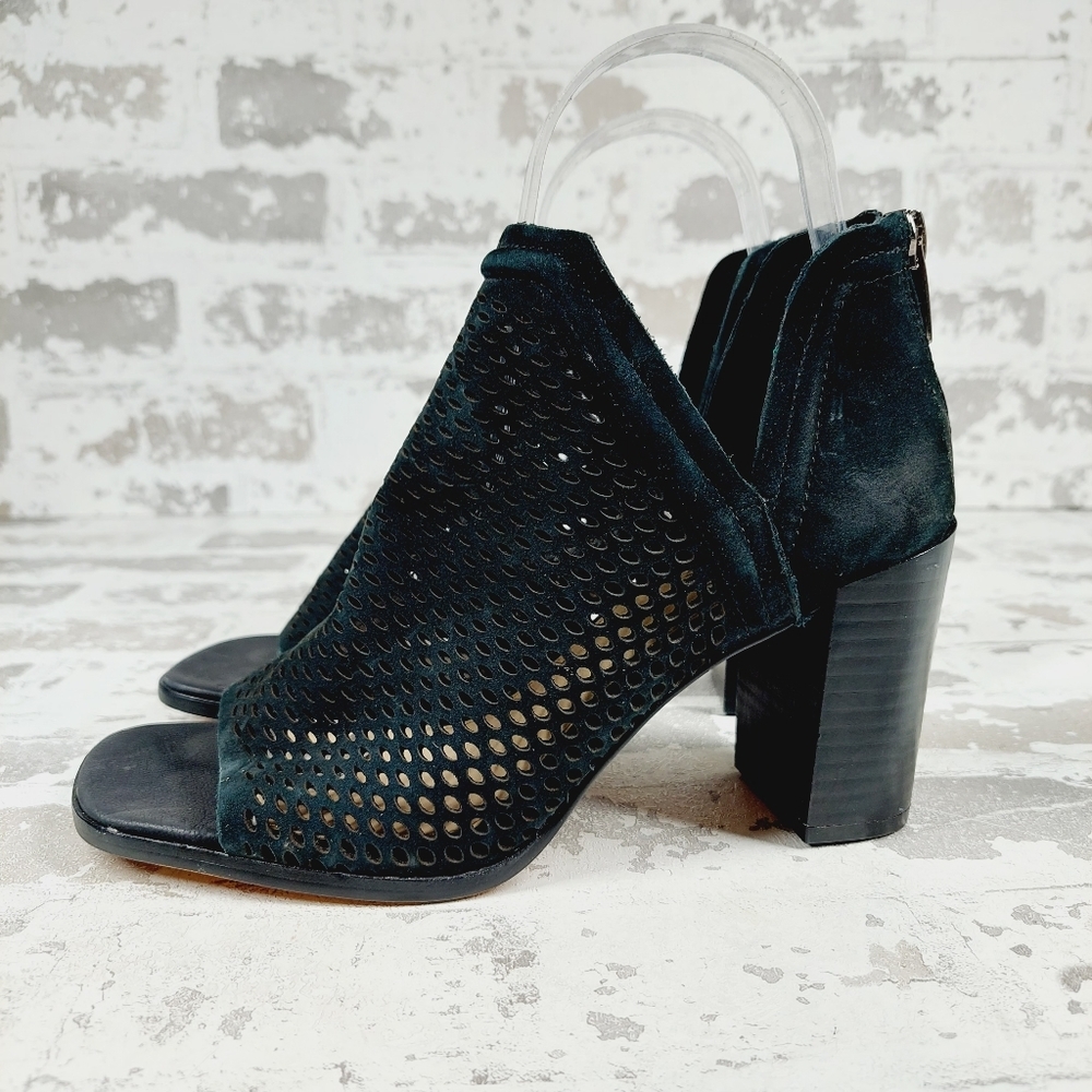 Vince Camuto Black Perforated Suede Open-Toe Block Heel Booties